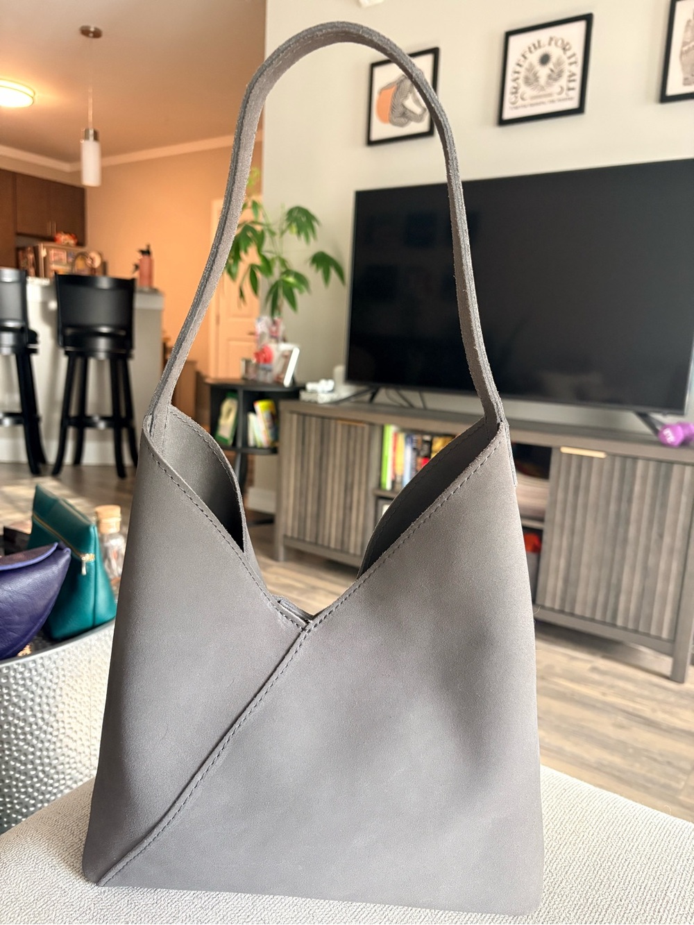 Portland Leather Large Smoke Gray Suede Naomi Shoulder Bag